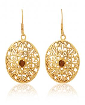 Nickel Free Gold Plated Designer Earring - Garnet Stone Seated 